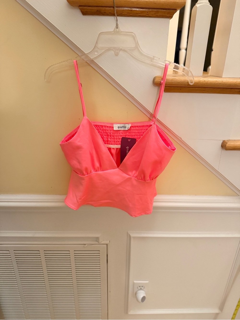 NEW Ladies Size Large Graffiti Neon Pink Satin Crop Cami Adjustable Straps NEW